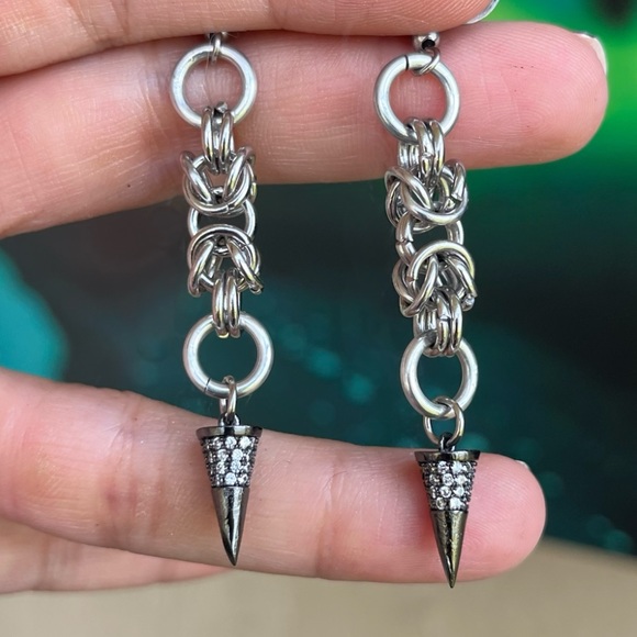 Silverskylight Jewelry - Handmade maille cz black spike dangly stainless steel earrings boho goth silver